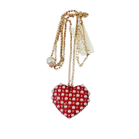 Adorable Large Red Enamel & Faux Pearl Heart Pendant Necklace - Picture 8 of 9